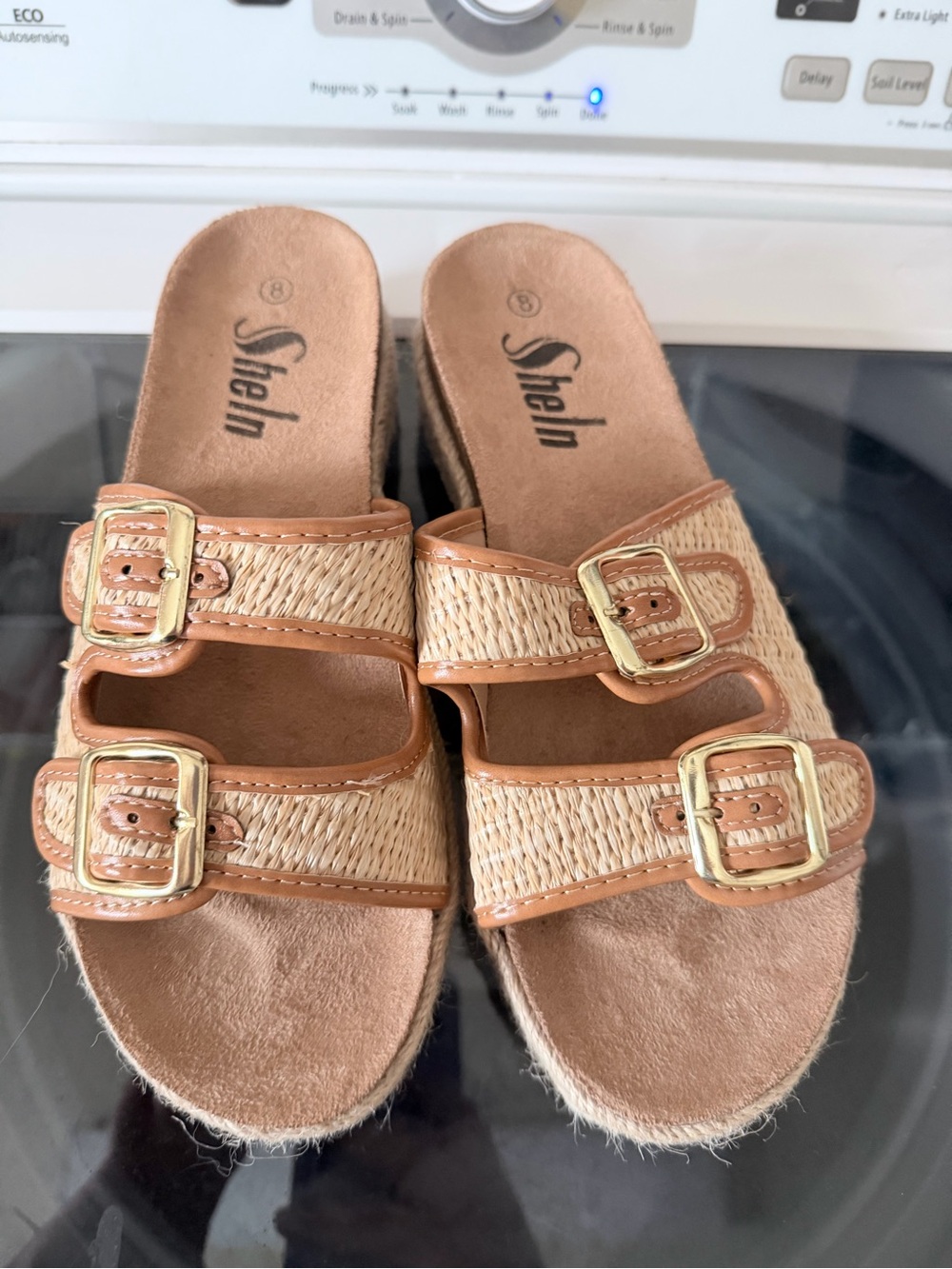 SHEIN Tan Woven Double-Buckle Slide Sandals with Gold Buckles